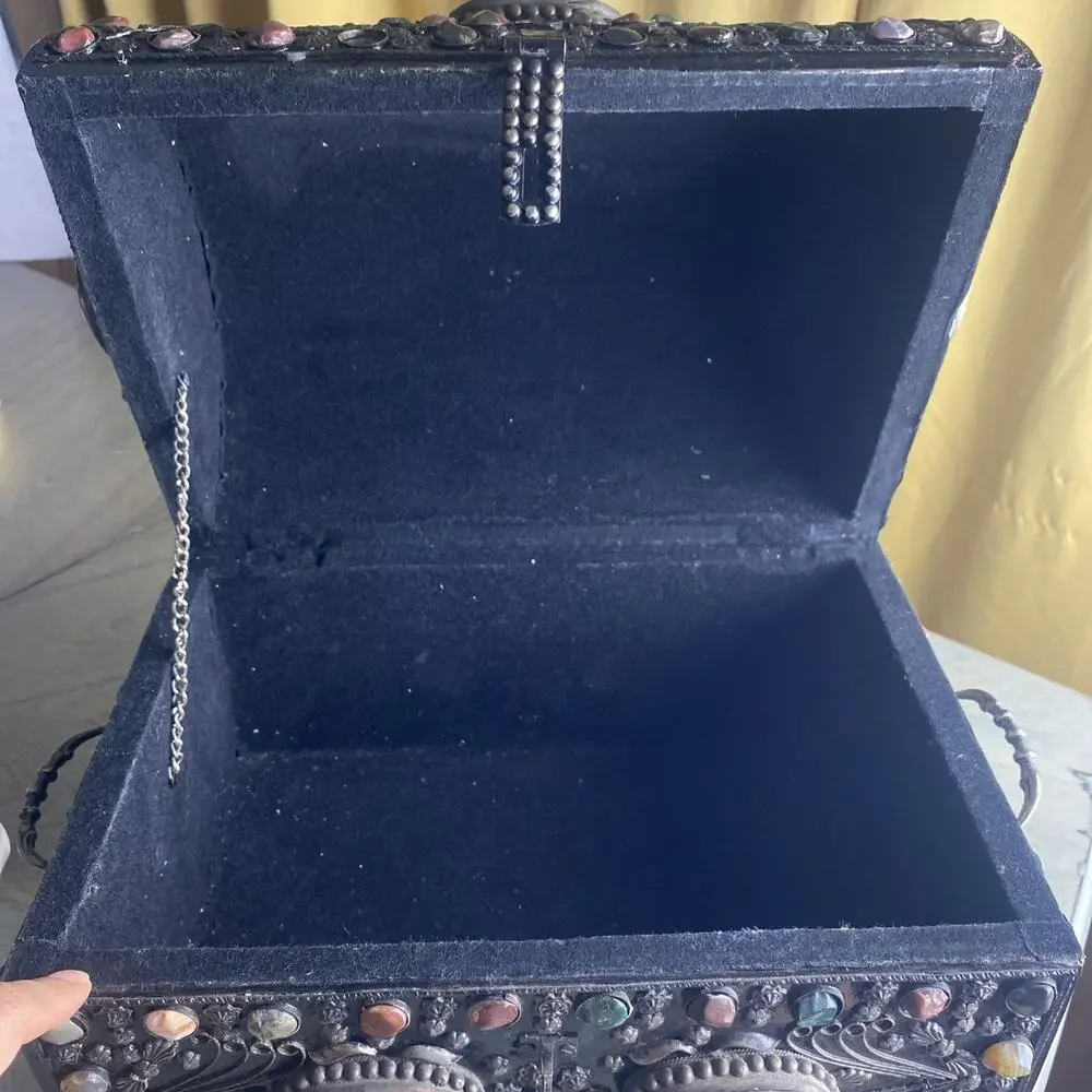 Vintage Moroccan Indian Wedding Jewelry Chest Box Dome Top Mixed Stones